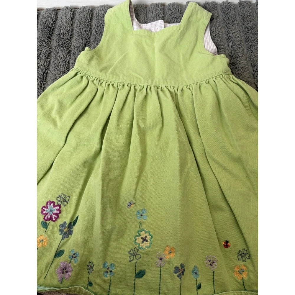 VTG Baby Gap Lime Green Heavy Cotton Denim Dress Floral Embroidered Lined Y2K 2T